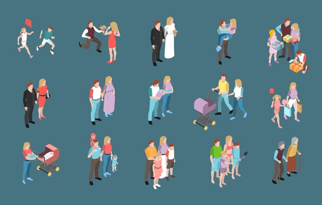 Family 3d isometric icons set with parents grandparents children teenagers adults isolated vector illustration