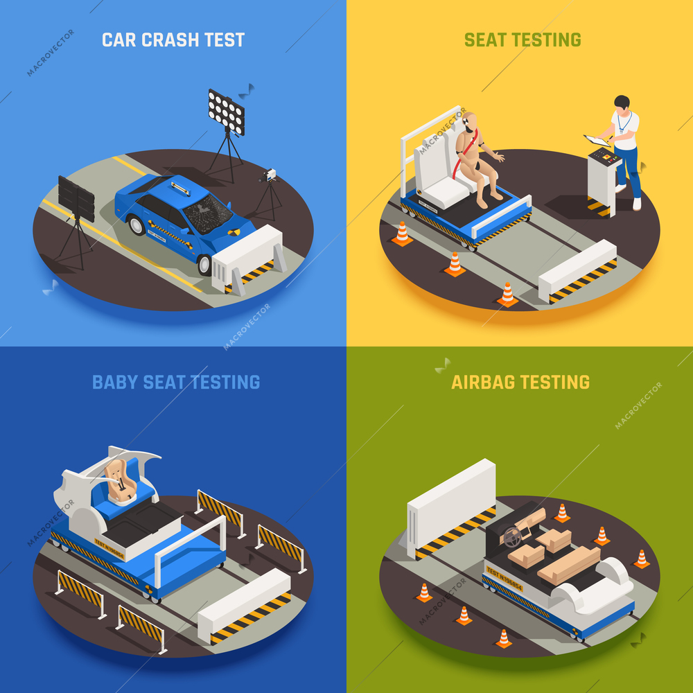 Crash test car safety isometric 2x2 design concept with text and images representing different testing procedures vector illustration