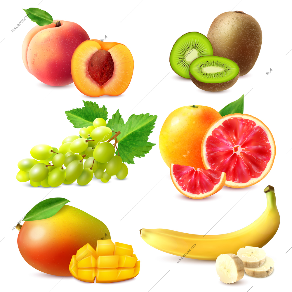 Realistic fruits set with whole and sliced ripe banana mango kiwi grapefruit grapes peach isolated vector illustration