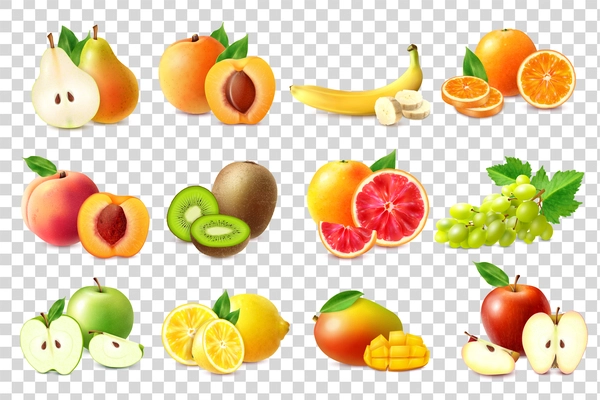 Realistic set of icons with whole and sliced fruits isolated on transparent background vector illustration