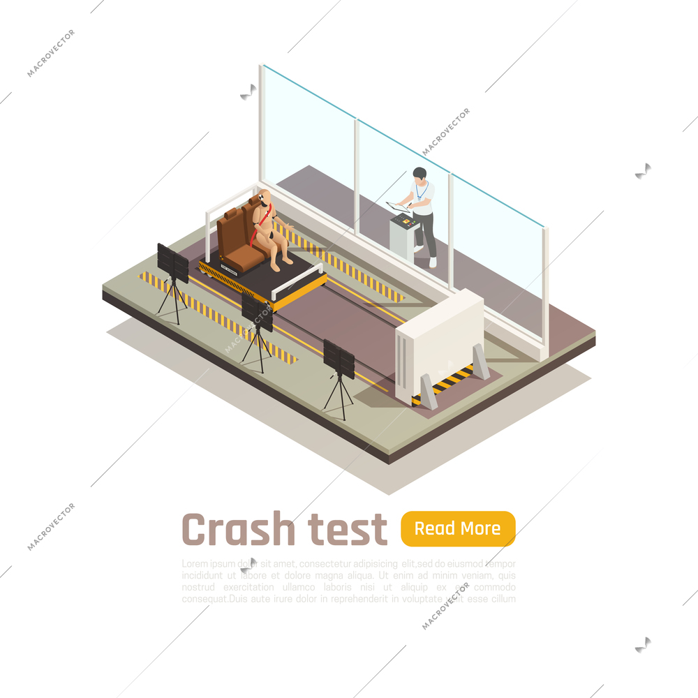 Crash test car safety isometric composition with read more button text and testing room units images vector illustration