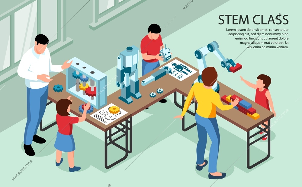 Isometric stem horizontal background indoor composition with view of classroom with children and adults with robotics vector illustration