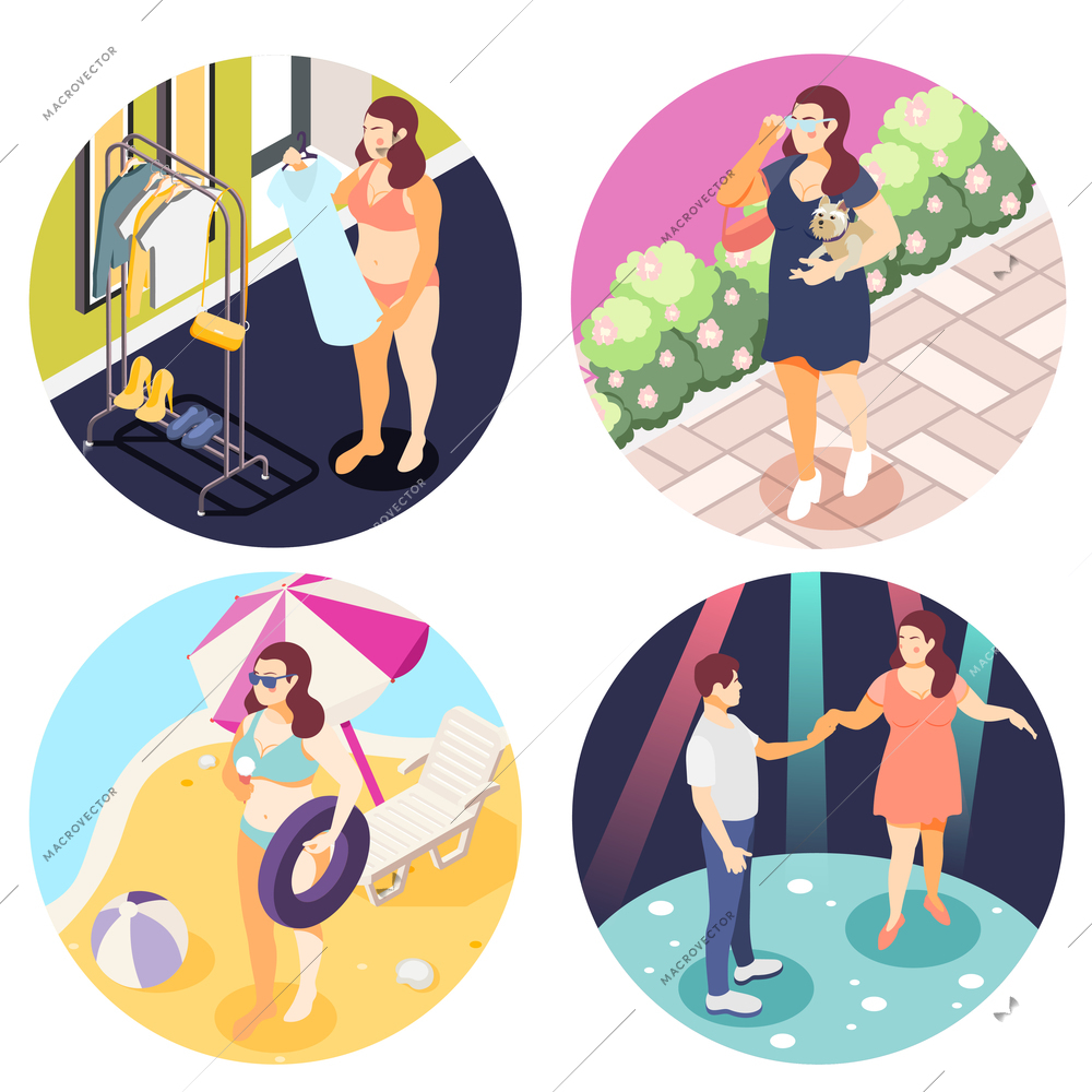 Large obese people 4 round isometric composition with buying plus size clothing dating beach fashion vector illustration