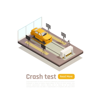 Crash test car safety isometric composition with image of car on testing fixture with editable text vector illustration