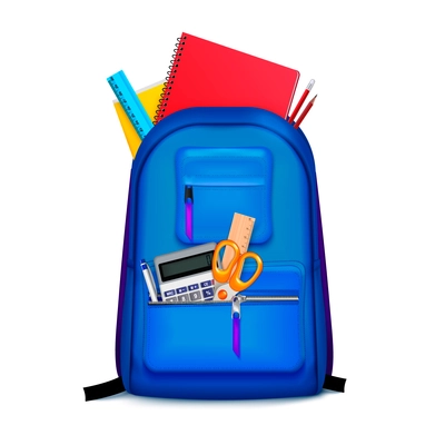 School backpack stationery composition with set of realistic scholar accessories showing out of childish blue backpack vector illustration