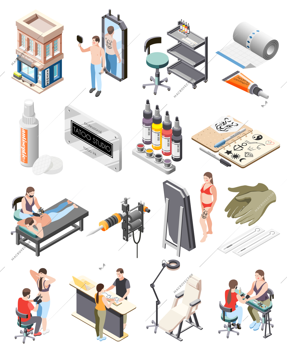 Tattoo studio isometric icons set with building workstation equipment ink mirror client artist reception process vector illustration