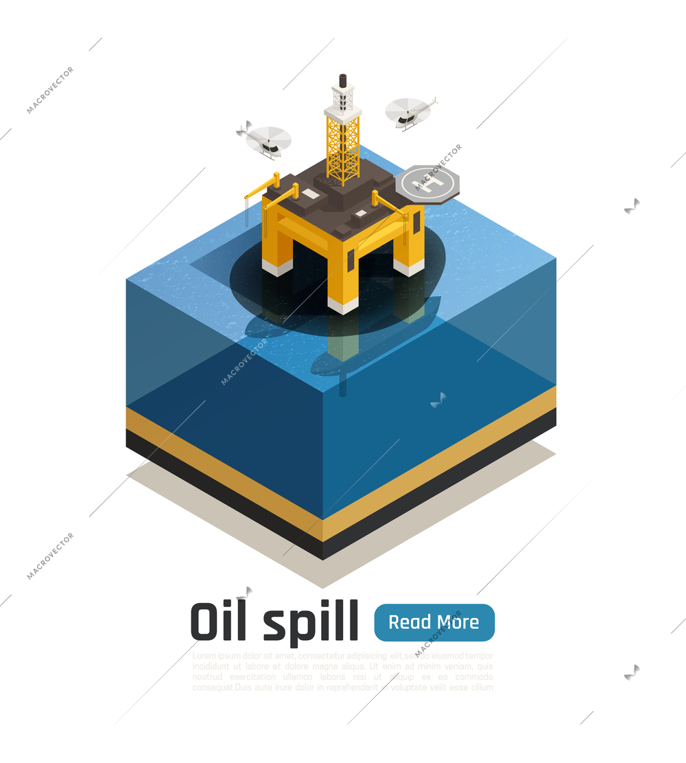 Ocean pollution isometric composition with read more button text and damaged sea platform with oil spot vector illustration