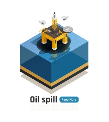 Ocean pollution isometric composition with read more button text and damaged sea platform with oil spot vector illustration