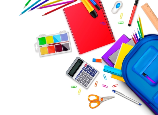 School backpack stationery composition with realistic images of colourful scholar pieces of equipment on blank background vector illustration