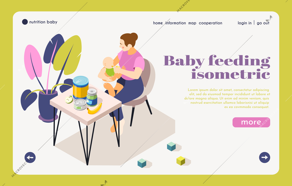 Infant care nutrition information isometric landing page with mother feeding baby choosing healthy child products vector illustration