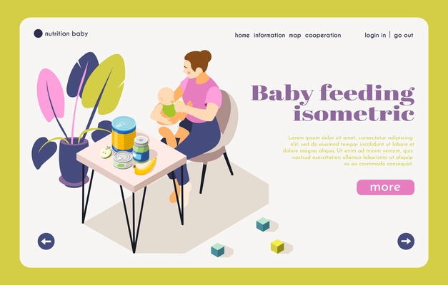 Infant care nutrition information isometric landing page with mother feeding baby choosing healthy child products vector illustration