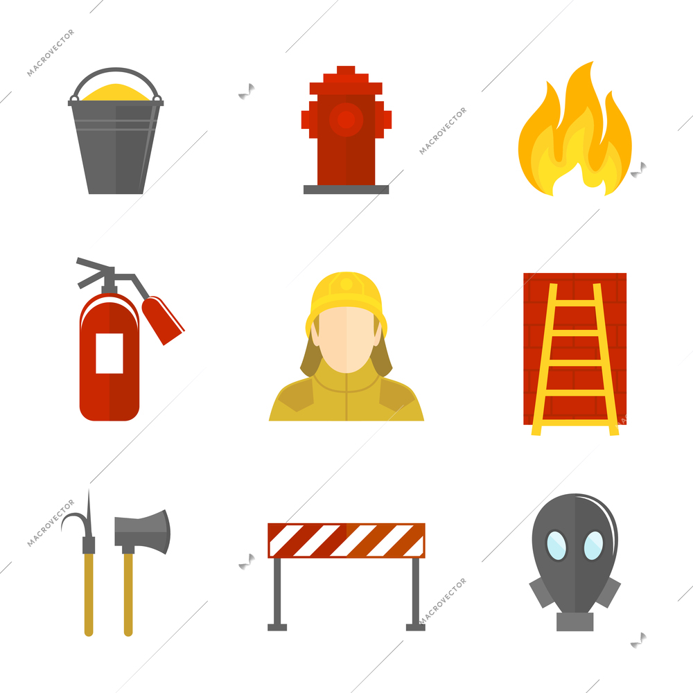 Firefighting icons flat set of firefighter emergency ladder water hydrant isolated vector illustration