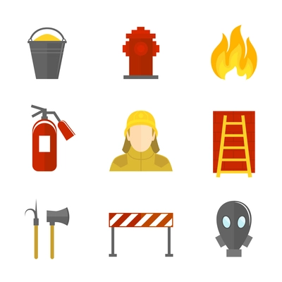 Firefighting icons flat set of firefighter emergency ladder water hydrant isolated vector illustration