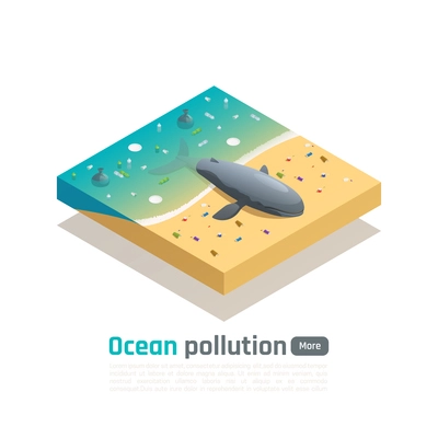 Ocean pollution isometric composition with view of dead whale on polluted sea coast with editable text vector illustration