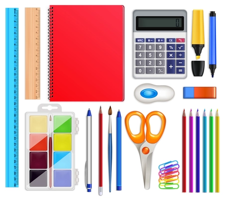 Stationery realistic set with isolated images of colourful rulers pencils pens and paper clips with scissors vector illustration