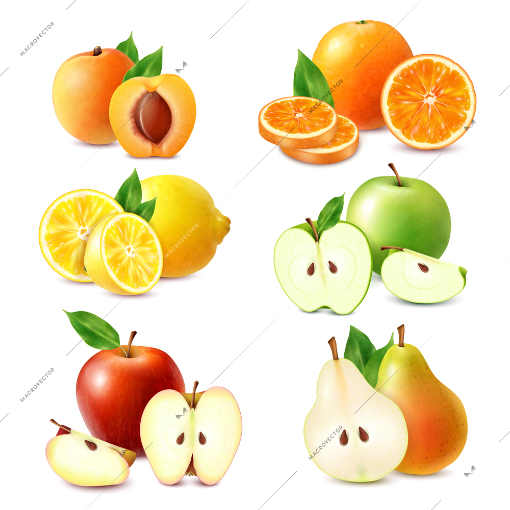 Whole and sliced fruits colored set of orange lemon apple peach pear isolated on white background realistic  vector illustration