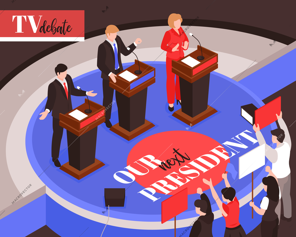 Isometric election composition background with characters of president candidates during debates and supporters holding colourful placards vector illustration