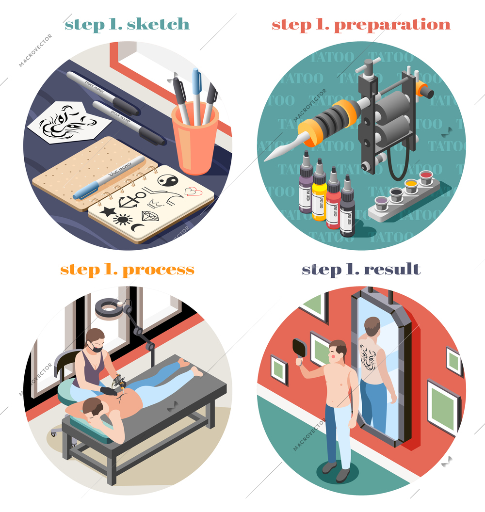 Tattoo studio concept 4 round isometric compositions with sketch tools preparation inserting pigments process result vector illustration