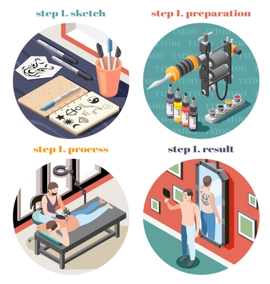 Tattoo studio concept 4 round isometric compositions with sketch tools preparation inserting pigments process result vector illustration