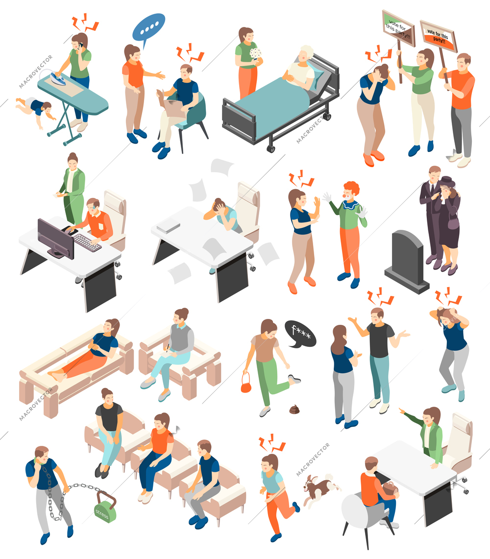 Stress depression symptoms causes treatment isometric icons set with internet addiction relationships loss death burnout vector illustration