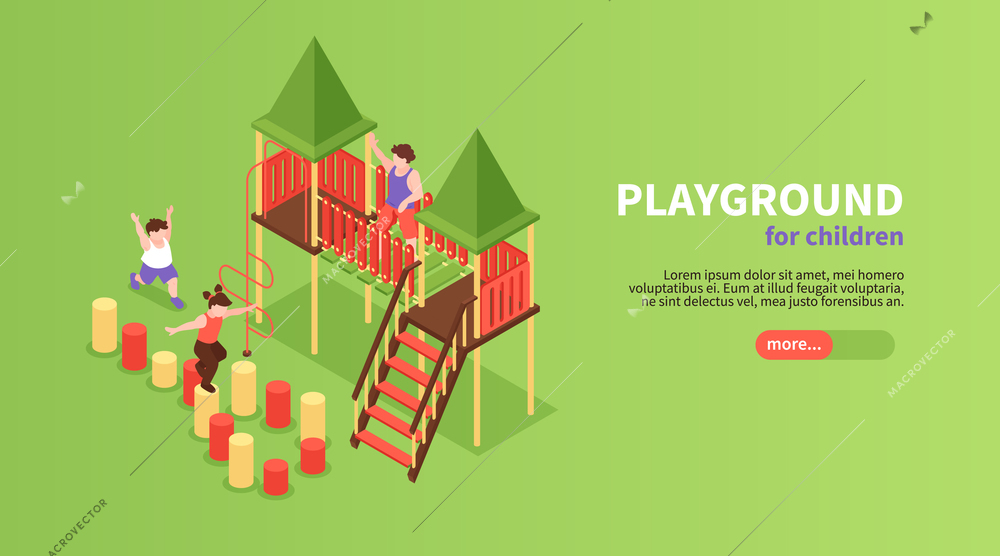Isometric kids playground horizontal banner with slider button editable text and fixtures with playing kids characters vector illustration