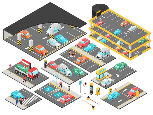 Isometric car parking underground multilevel set with isolated constructor elements for parking lot levels with cars vector illustration