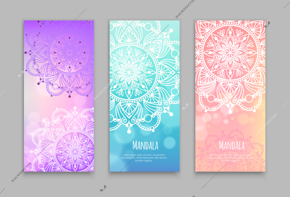 Set of three mandala vertical banners with colourful gradient background and monochrome ornament patterns with text vector illustration