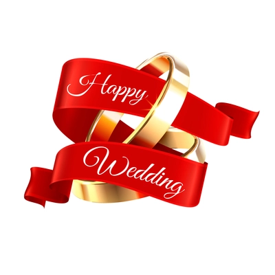 Wedding rings composition of red ribbon with editable ornate text and golden rings on blank background vector illustration