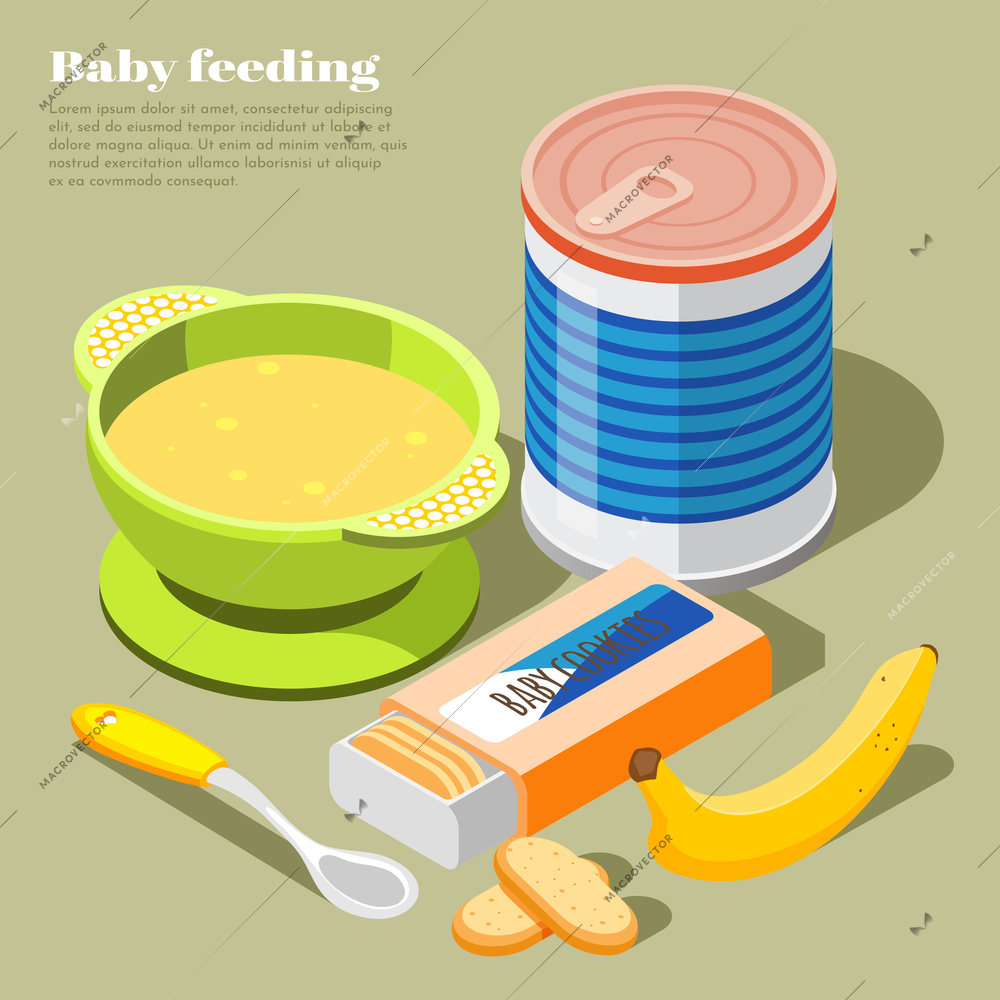 Healthy infant food isometric composition with milk powder biscuits banana puree bowl baby spoon background vector illustration