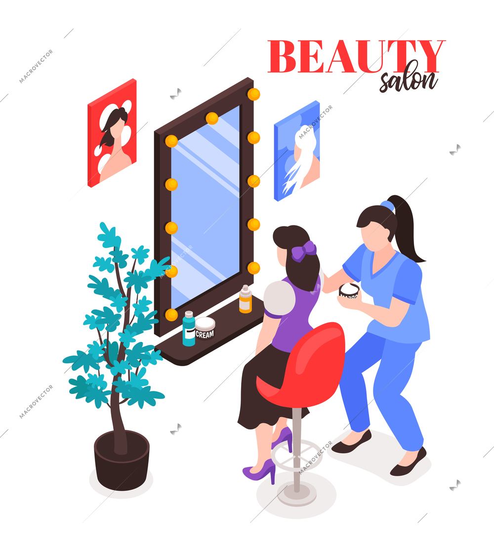 Isometric beauty salon composition with text and characters of woman and make-up artist with mirror vector illustration