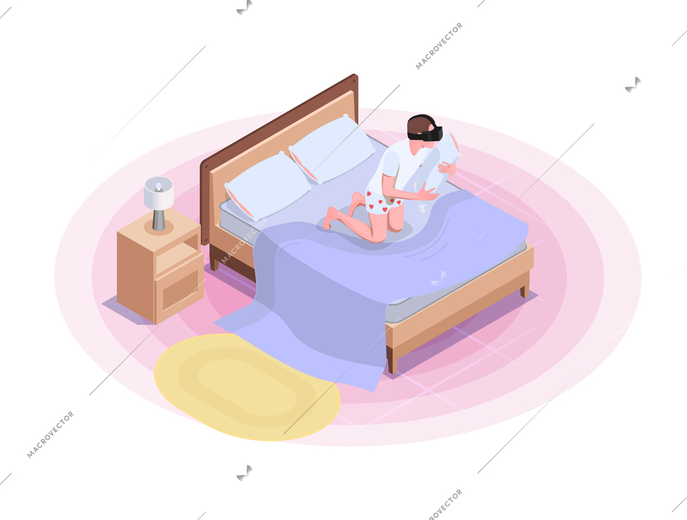 Virtual augmented reality isometric composition with teenager in vr glasses enjoying interactive experience in bed vector illustration