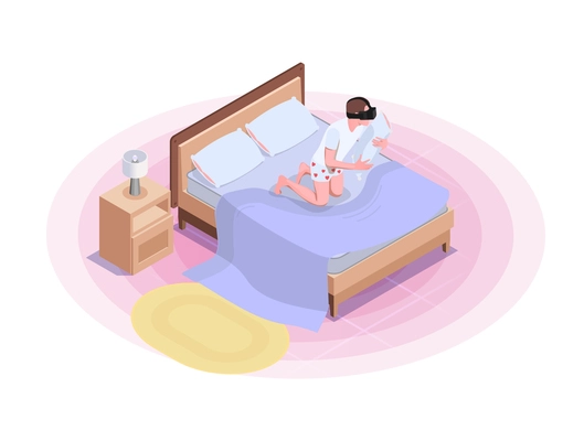 Virtual augmented reality isometric composition with teenager in vr glasses enjoying interactive experience in bed vector illustration