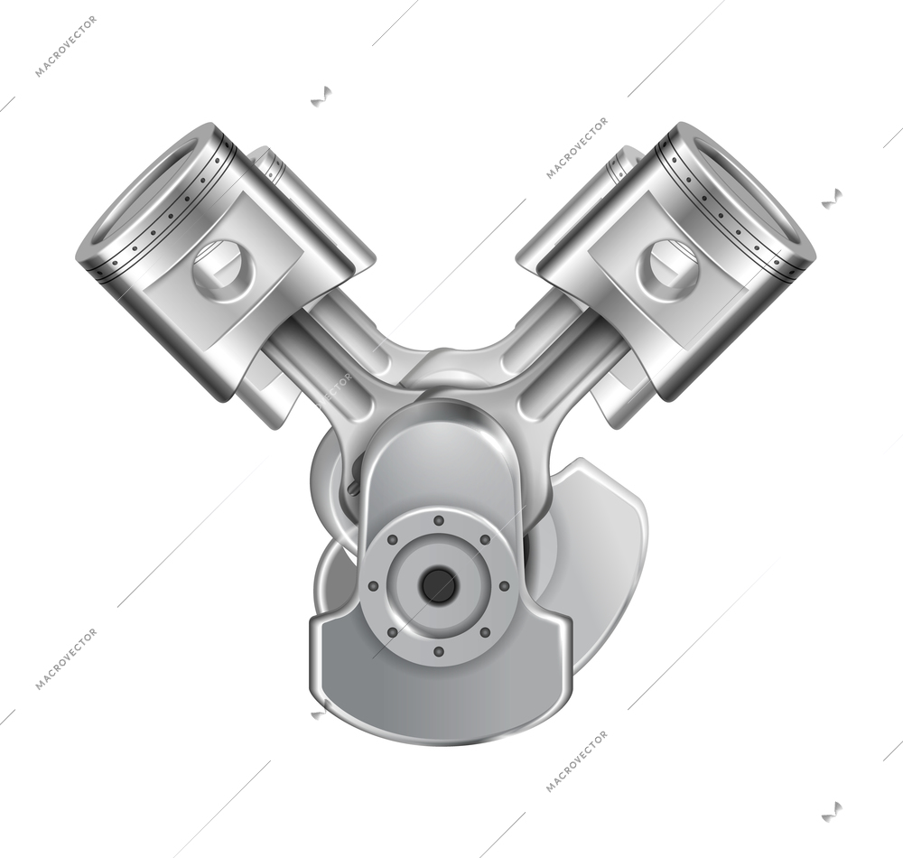 Engine pistons system composition with realistic image of assembled metal engine elements isolated on blank background vector illustration