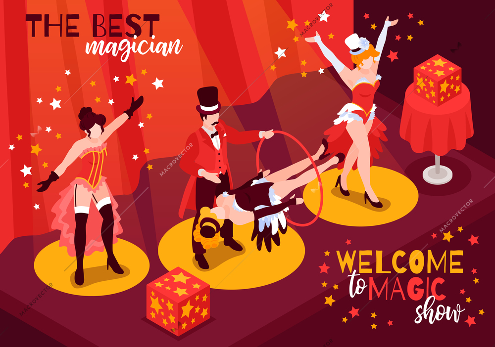 Isometric magician showing background composition with ornate text and view of stage with performers and stars vector illustration