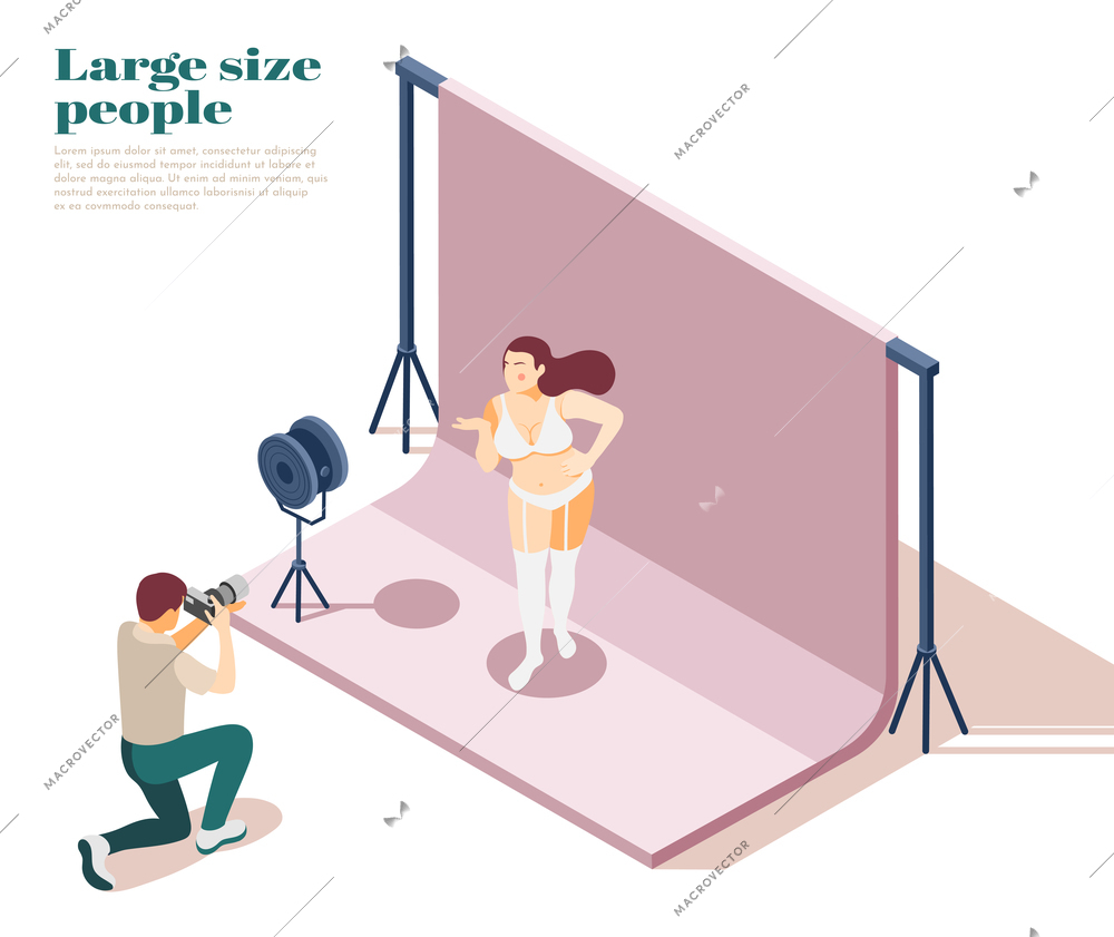 Large people isometric composition with plus size underwear modelling scene overweight fashion obesity promoting normalization vector illustration