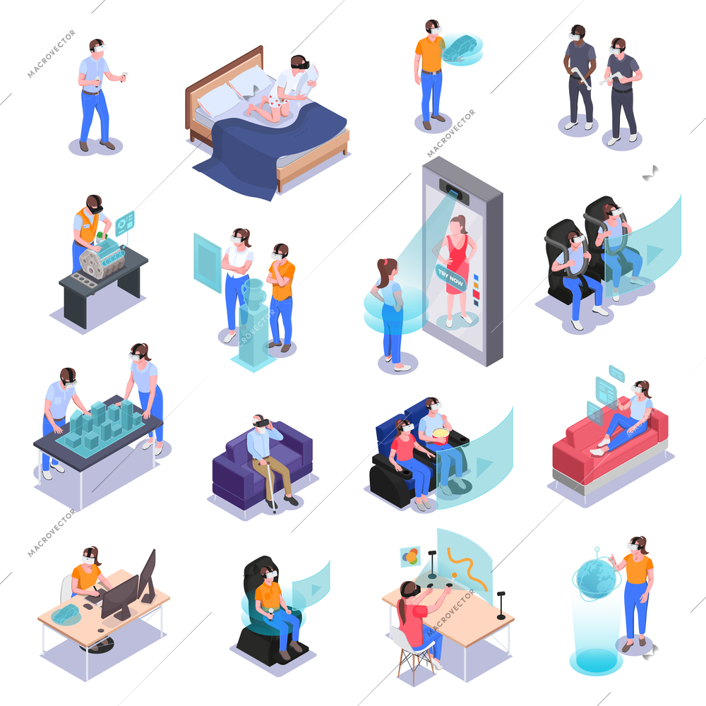 Augmented virtual reality icons set with  using vr architects entertainment learning experience gaming dating isolated vector illustration