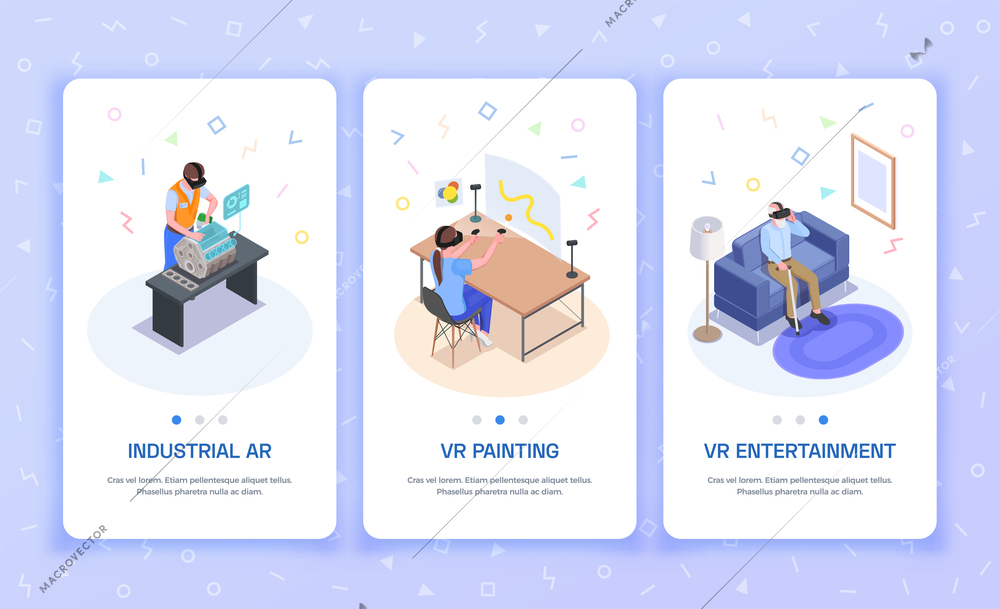 Virtual augmented reality 3 isometric vertical banners with ar industrial experience vr painting entertainment background vector illustration