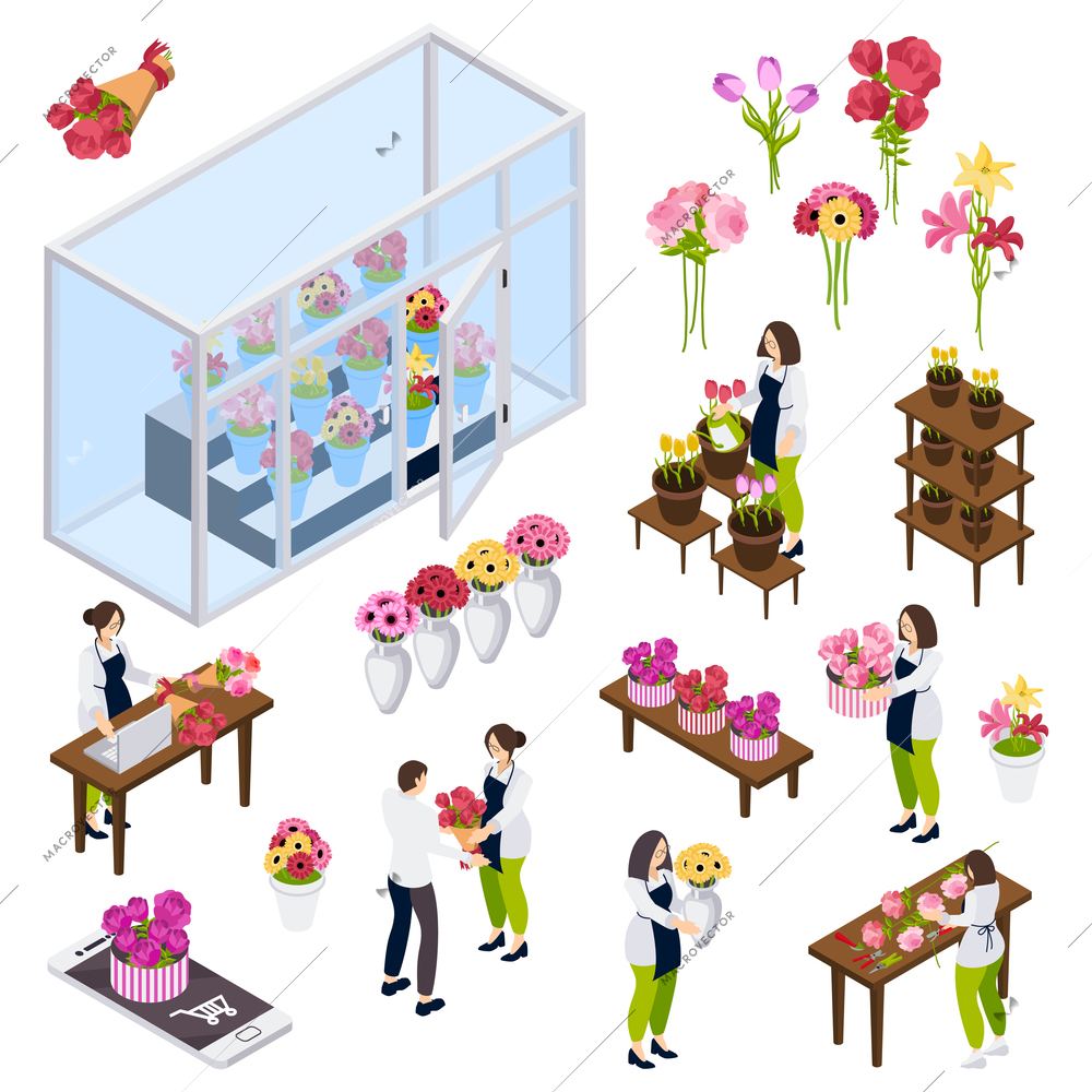 Flower shop isometric icons with customers and staff receiving online orders and making authors bouquets isolated vector illustration