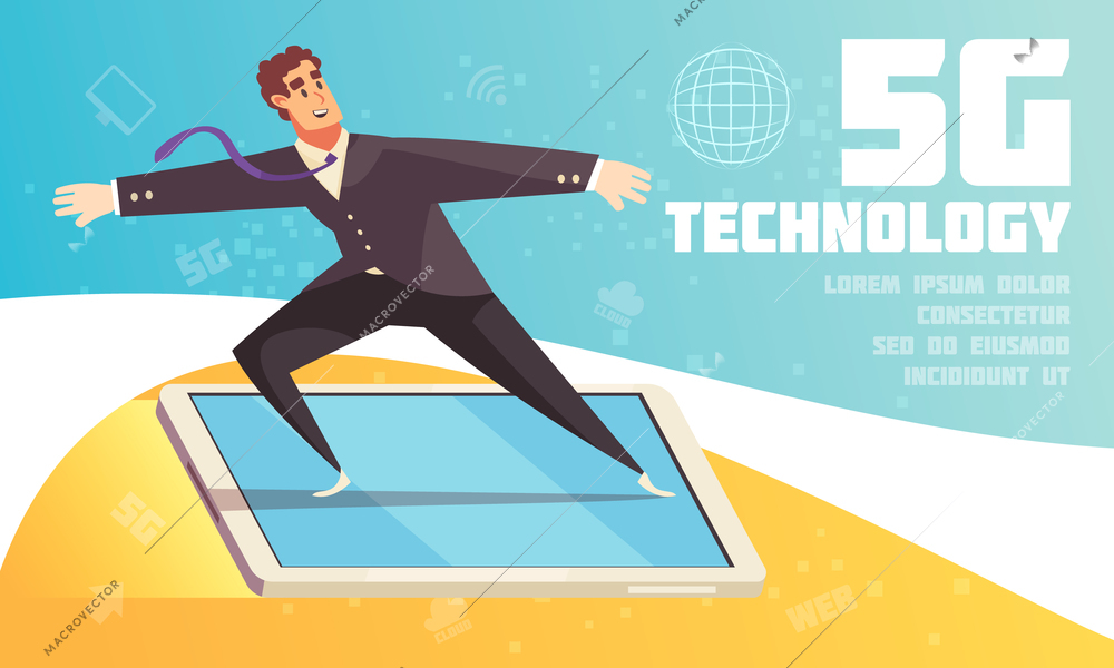 Internet technology horizontal illustration with cartoon male character standing on smartphone screen flying over world flat vector illustration