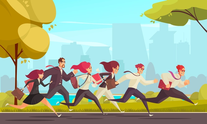 Running people who are late for work at urban skylines background cartoon vector illustration