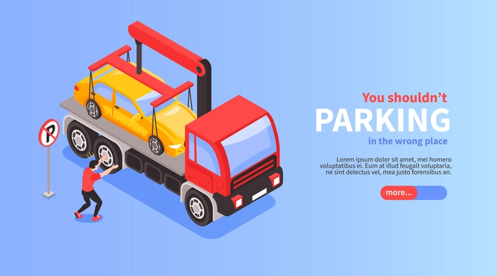 Isometric car parking horizontal banner with view of wrongly parked car evacuation with button and text vector illustration