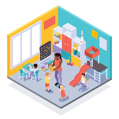 Kindergarten classroom playful learning environment interior isometric view with children moving around playing with teacher vector illustration