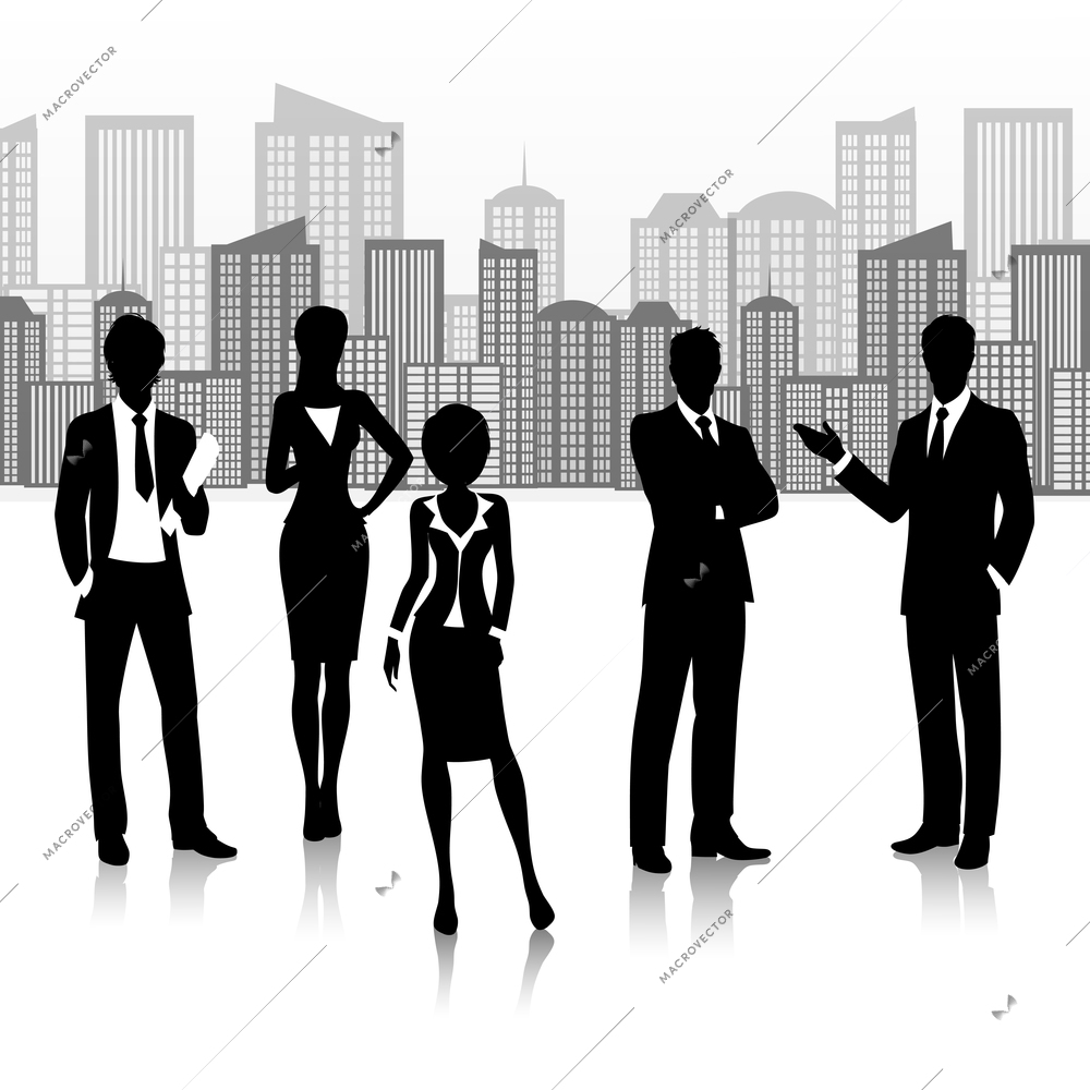 Silhouette business group team people on buildings landscape vector illustration