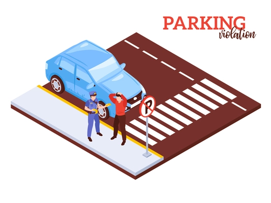 Isometric car parking composition with notation penalty for illegal car parking with human characters and automobile vector illustration