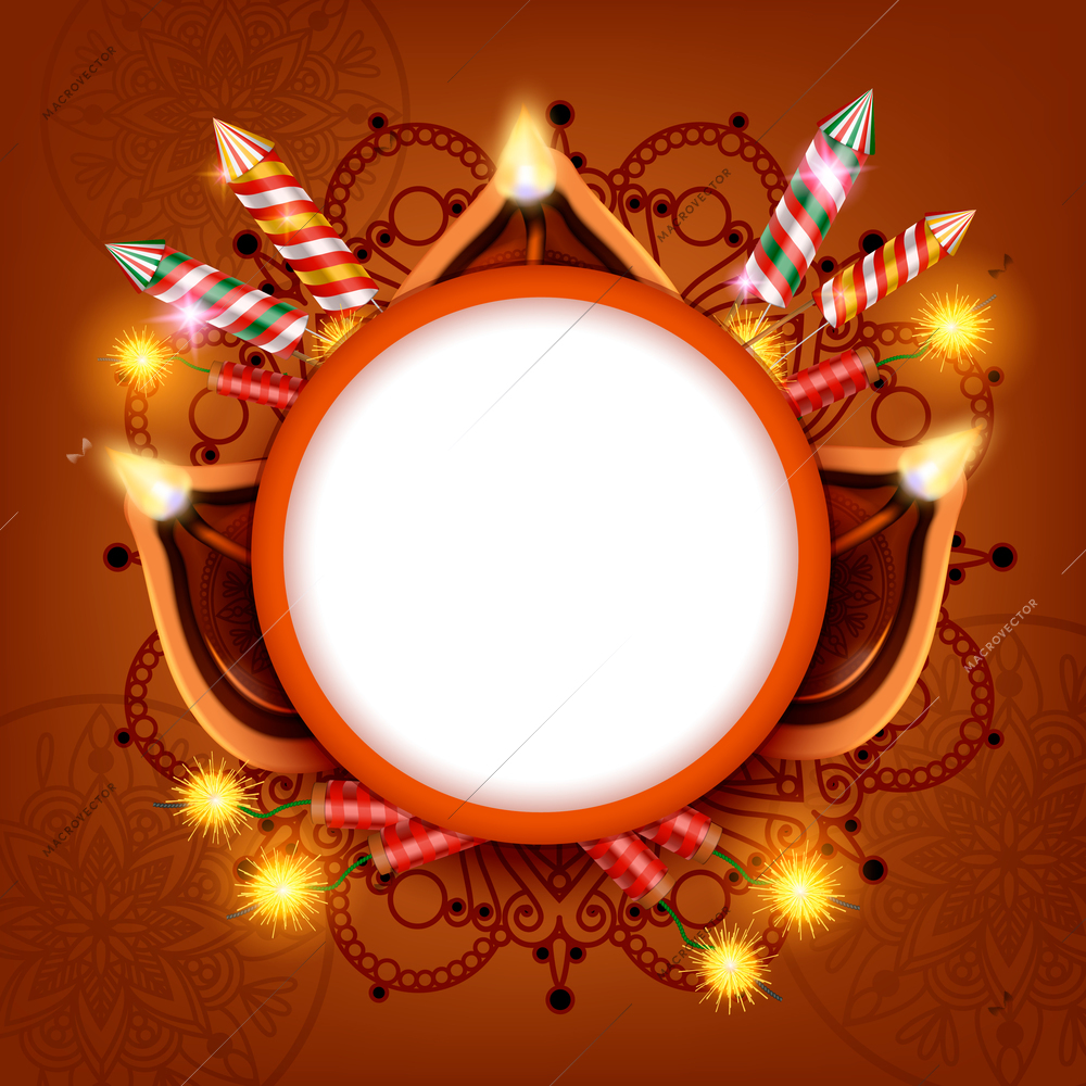 Diwali lanterns realistic composition with empty round frame surrounded by festive lights candles and ornamental drawings vector illustration