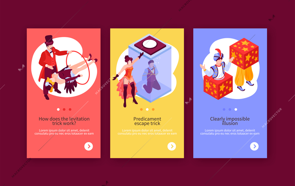 Isometric magician showing vertical banners set with doodle human characters editable text and switch page buttons vector illustration