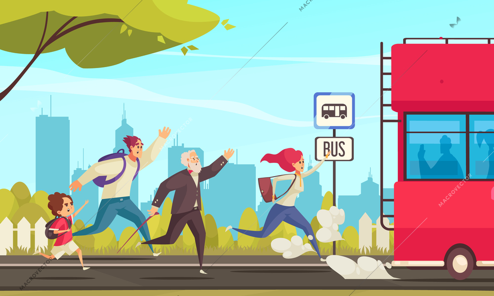 Colored poster illustrated running people lagging behind bus at city landscape background cartoon vector illustration