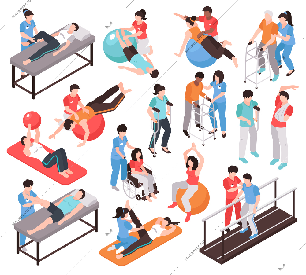 Isometric rehabilitation physiotherapy people set of isolated faceless characters of doctors and patients on blank background vector illustration