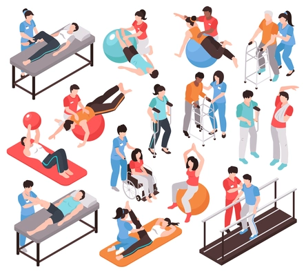 Isometric rehabilitation physiotherapy people set of isolated faceless characters of doctors and patients on blank background vector illustration