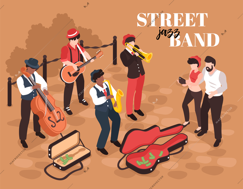 Isometric street musician background composition with human characters of jazz band members with listeners and text vector illustration